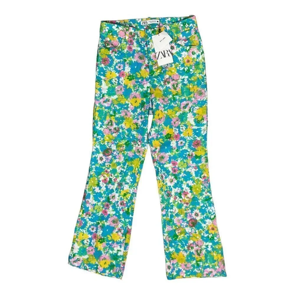 Zara Pants WMNS 4 Green Linen Blend Flared‎ Trousers Blue Pink Floral Cropped